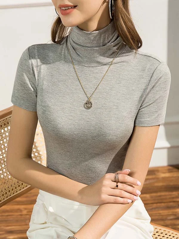 Casual Skinny Short Sleeves Solid Color High-Neck T-Shirts Tops
