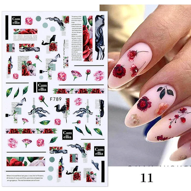 1PC 3D Nail Stickers Flowers Leaves Self-Adhesive Slider Letters Nail Art Decorations Love Heart Decals Manicure Accessories-Nail Inspo