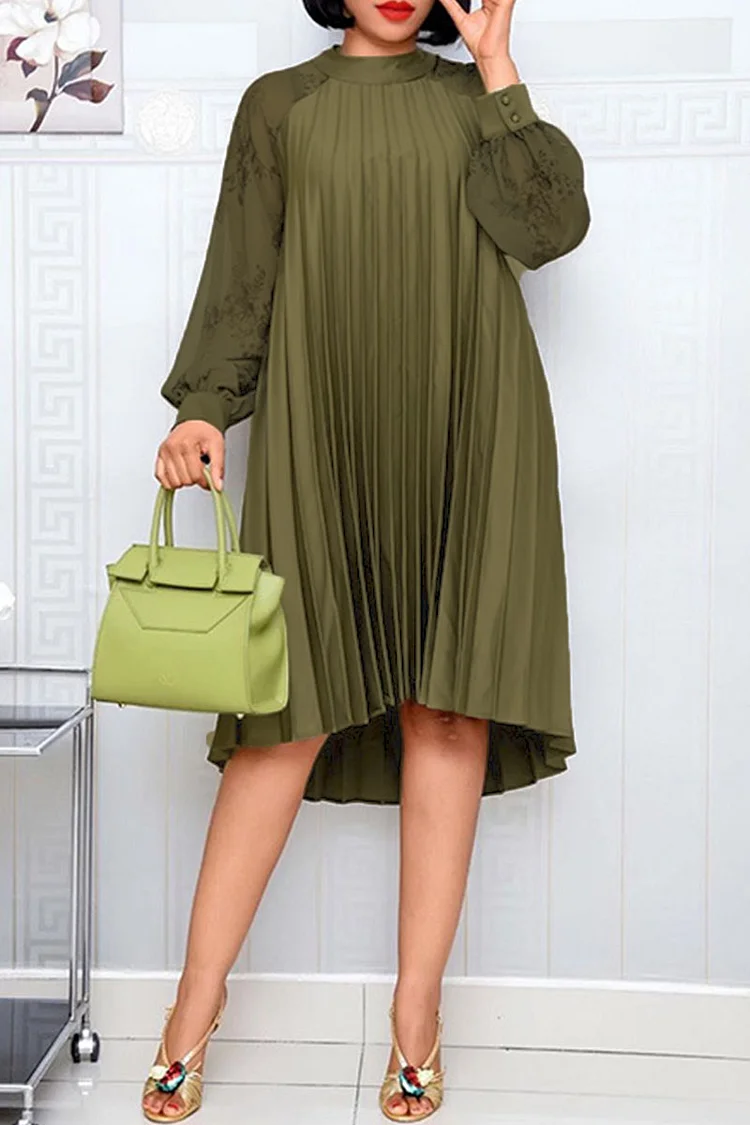 Army Green Casual Print Split Joint Fold O Neck A Line Dresses
