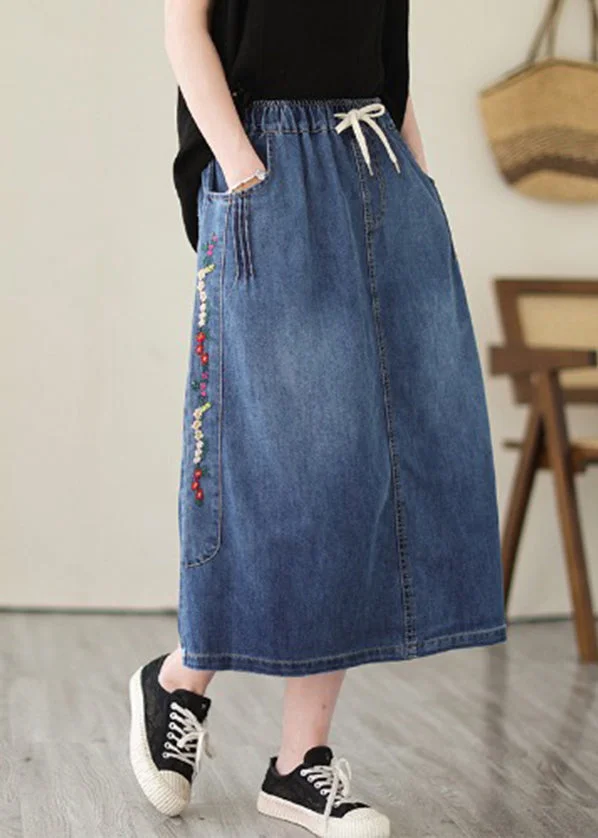 Plus Size Blue Embroideried Pockets Denim Skirts Summer