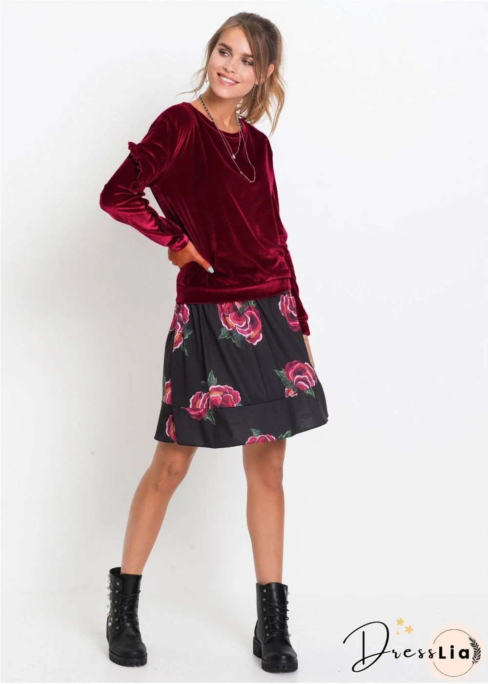 Round Neck Velvet Ruffled Velvet Shirt
