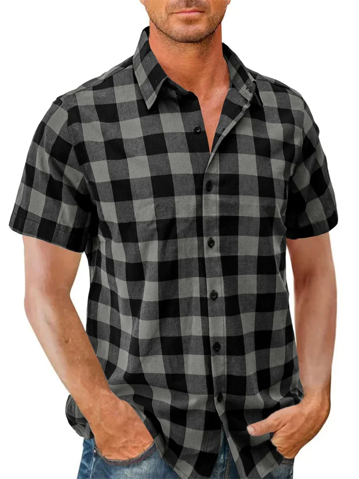 Men's Summer Casual Cotton Cardigan Shirt Short-sleeved Shirt Men's Shirt Plaid Lapel Shirt S,M,L,XL,XXL-Mixcun
