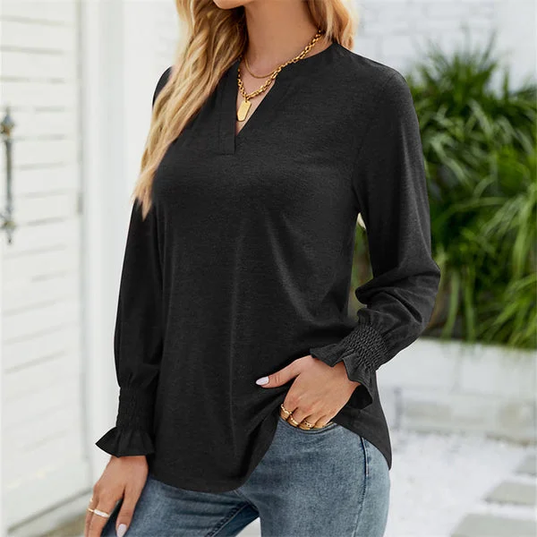 Women's Ruffles Long Sleeves Blouse V Neck Pullovers Tops