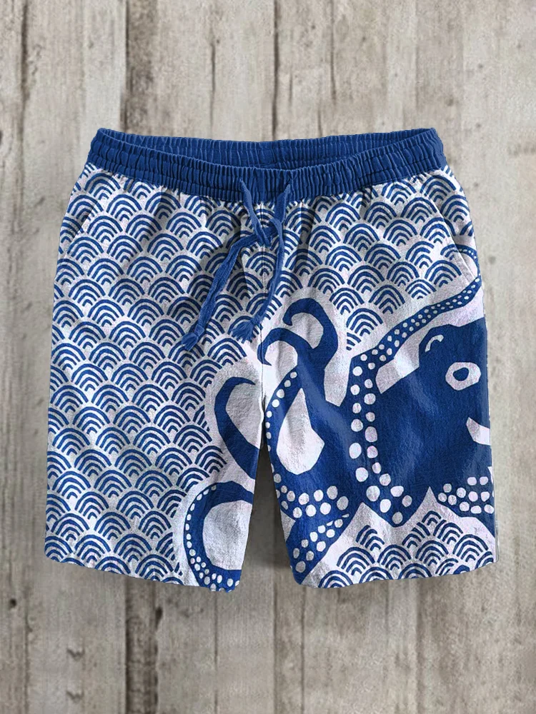 Octopus Sea Waves Art Print Linen Blend Casual Shorts