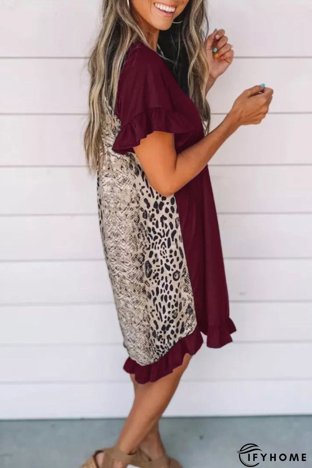 Wine Flounce Design Leopard Printed Short Sleeve Mini Dress | IFYHOME