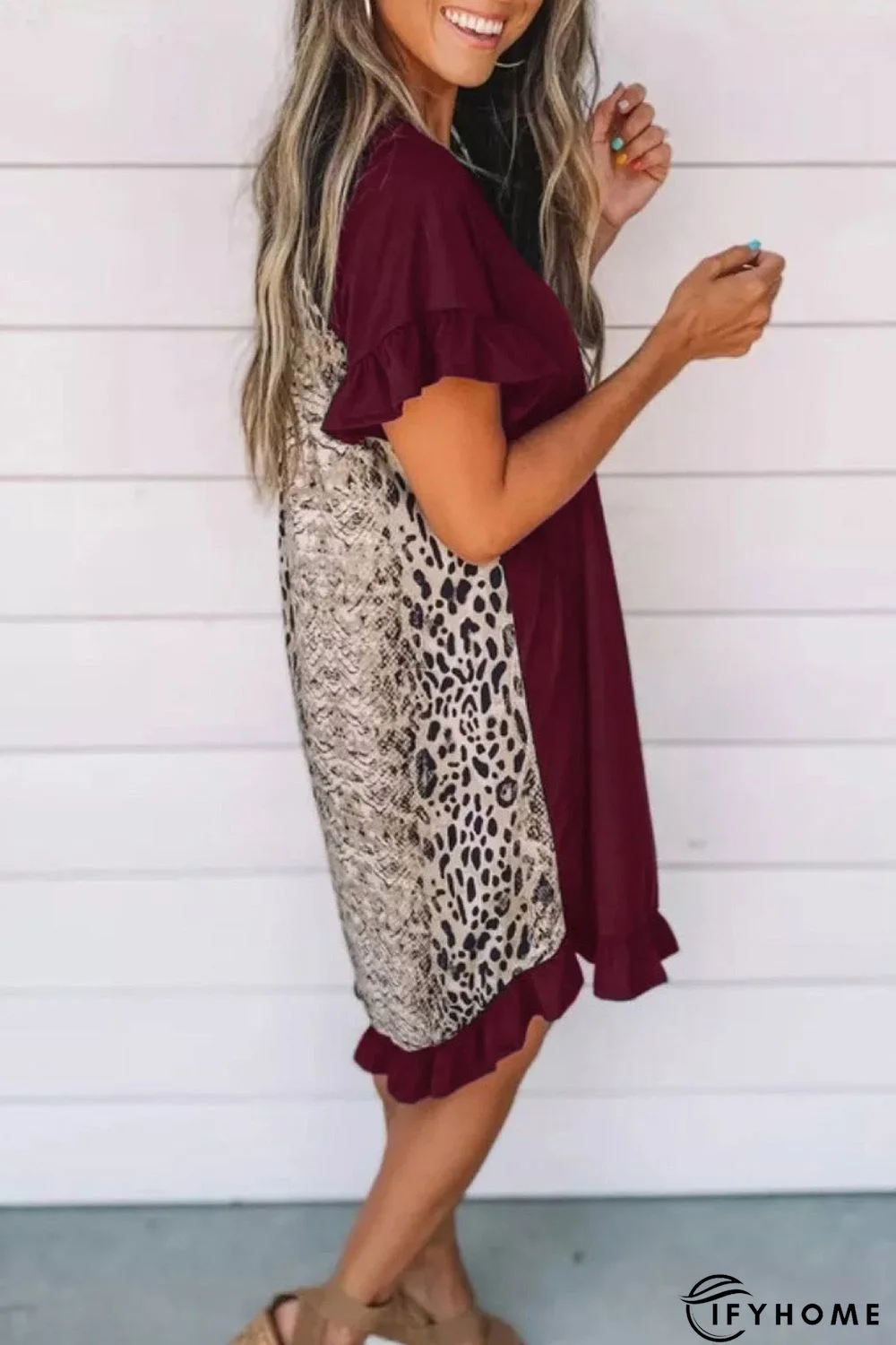 Wine Flounce Design Leopard Printed Short Sleeve Mini Dress | IFYHOME