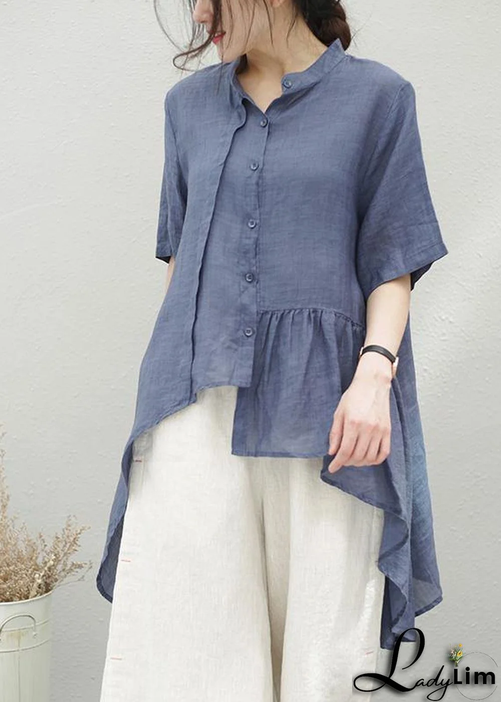 Handmade blue linen clothes stand collar asymmetric cotton blouse