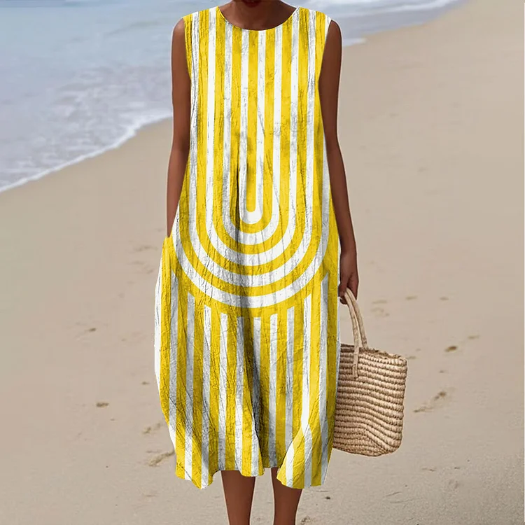 Women's Vintage Colorblock Striped Art Print Sleeveless Cotton Pocket Wrap Dress