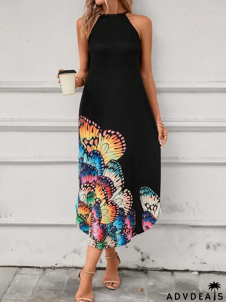 Butterfly Print Curved Hem Halter Dress