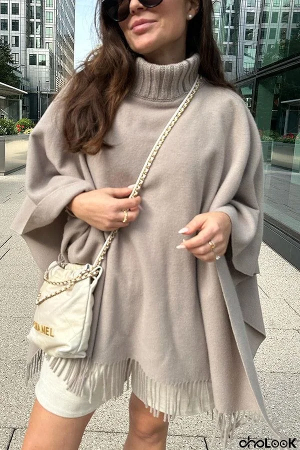 London Dream Knit Turtleneck Tassel Hem Cape Loose Sweater