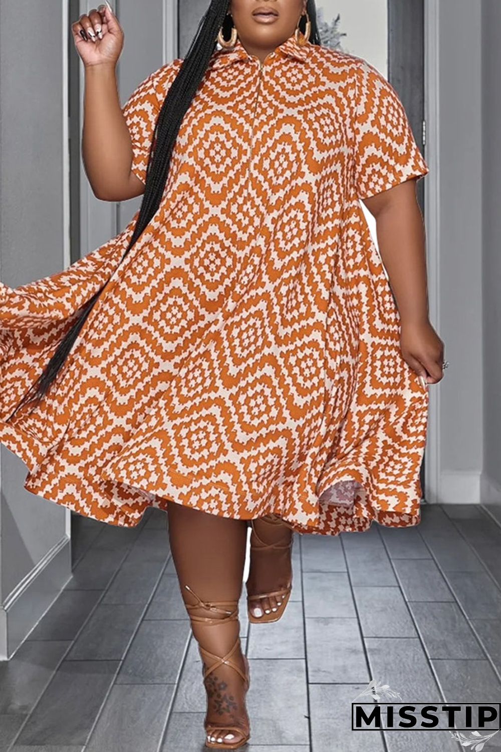 Colour Casual Print Patchwork Turndown Collar Straight Plus Size Dresses