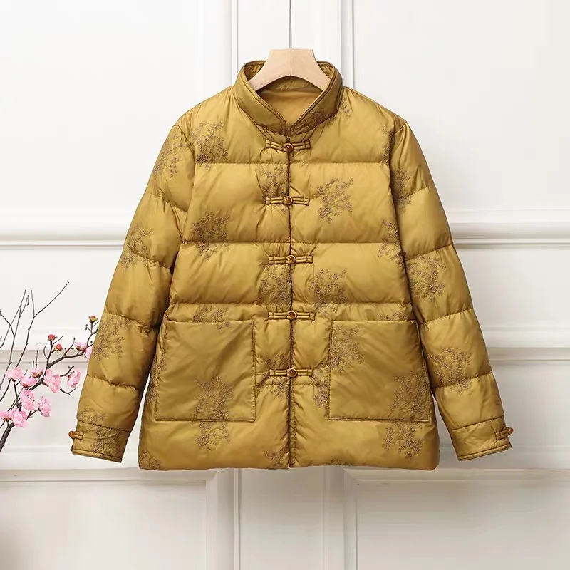 Woherb Autumn Winter New Retro Embroidery Embroidery Knit Down Jacket Female Short Money Light Standing Collar Chinese Dish Buckle Coat-Outfit Ideas