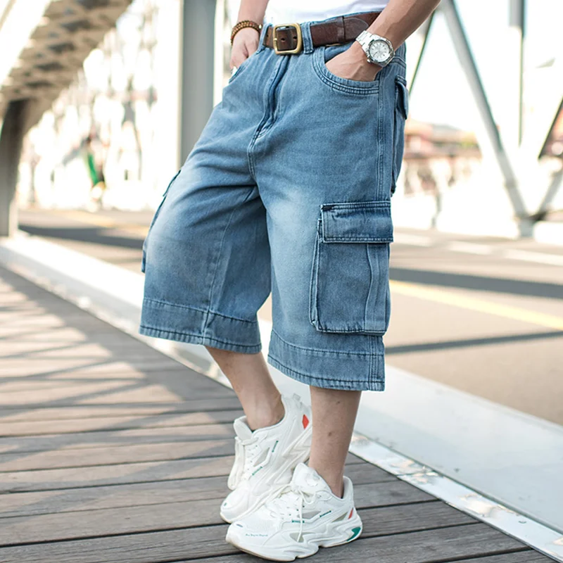 Vintage Wide-Leg Denim Velcro Pockets Rolled Cropped Pants