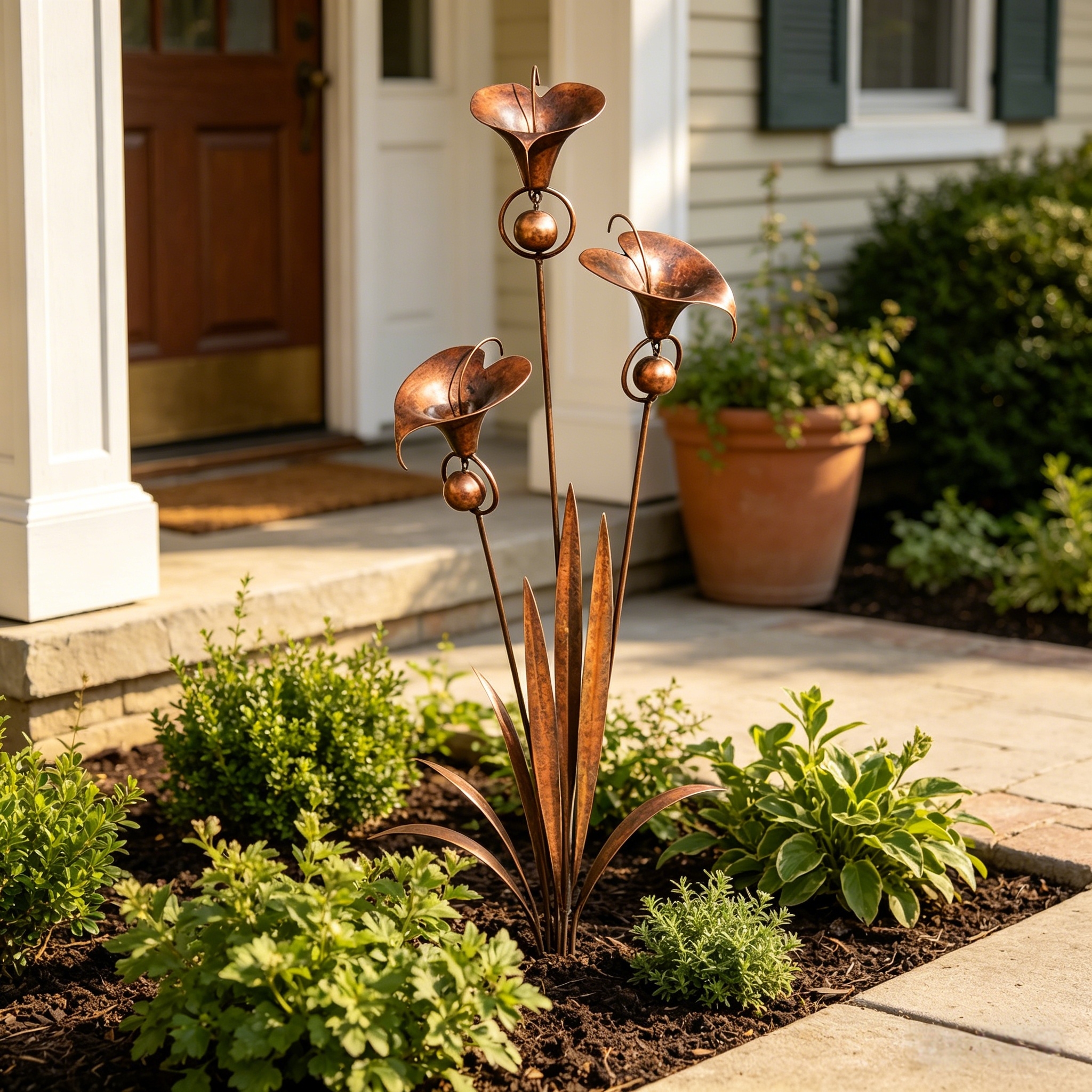 Flamed Copper Three Calla Lilies Garden Stake with Bells, 28" Handcrafted Outdoor Yard Art