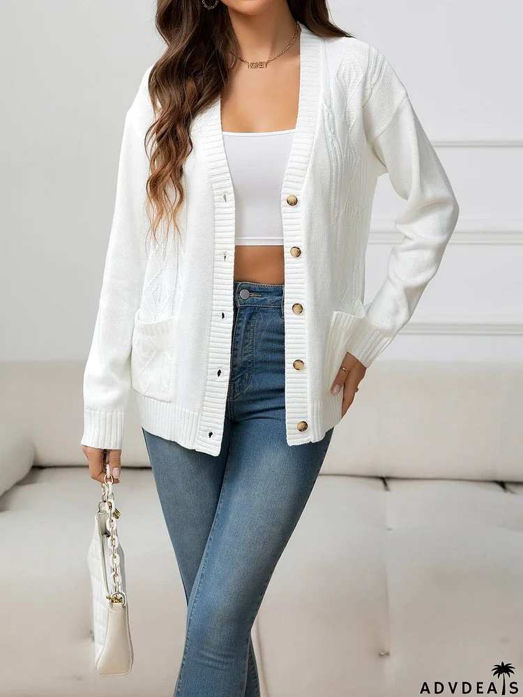 V-Neck Long Sleeve Buttoned Knit Top with Pocket