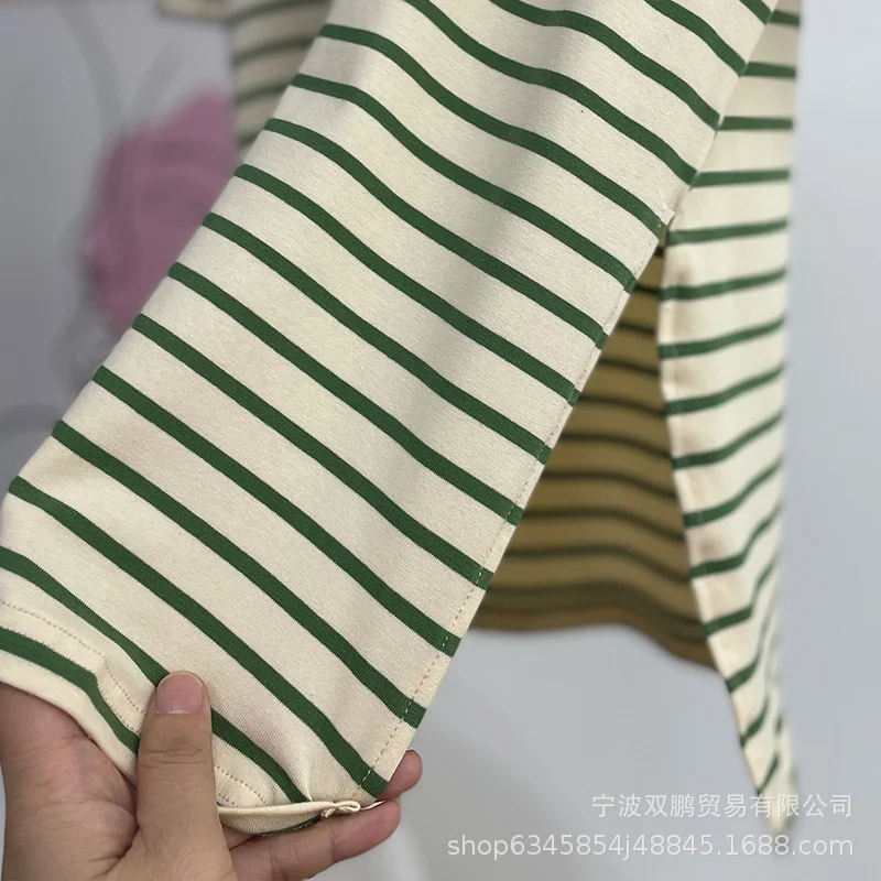 Athvotar Athvotar And Summer Fashion Loose Cotton Striped T-Shirt Women Casual Round Neck Long Sleeve Open Top Hot Sale