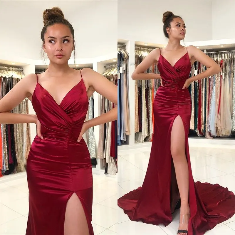 Elegant Burgundy Slit Prom Dress Spaghetti Straps Party Evening Dress cc1958 main image 1