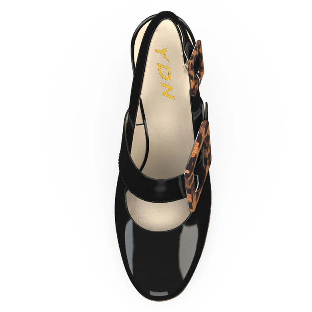 Black Patent Leather Leopard Round Toe Chunky Heel Slingback Pumps