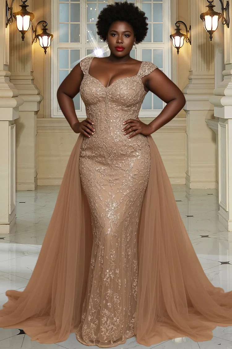 Xpluswear Design Plus Size Formal Tulle Brown With Skirt Overlay Sequin Maxi Dresses [Pre-Order] 2024 - Xpluswear