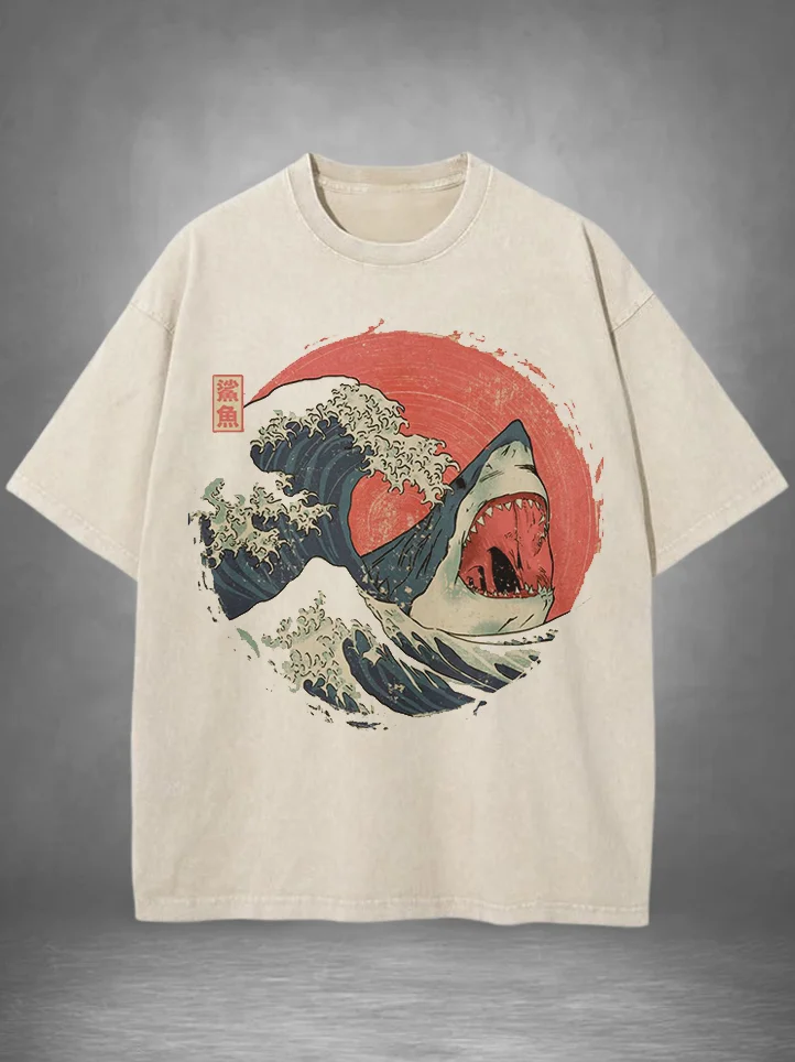Men's Japanese Art Great Wave Shark Print Cotton Washed T-Shirt