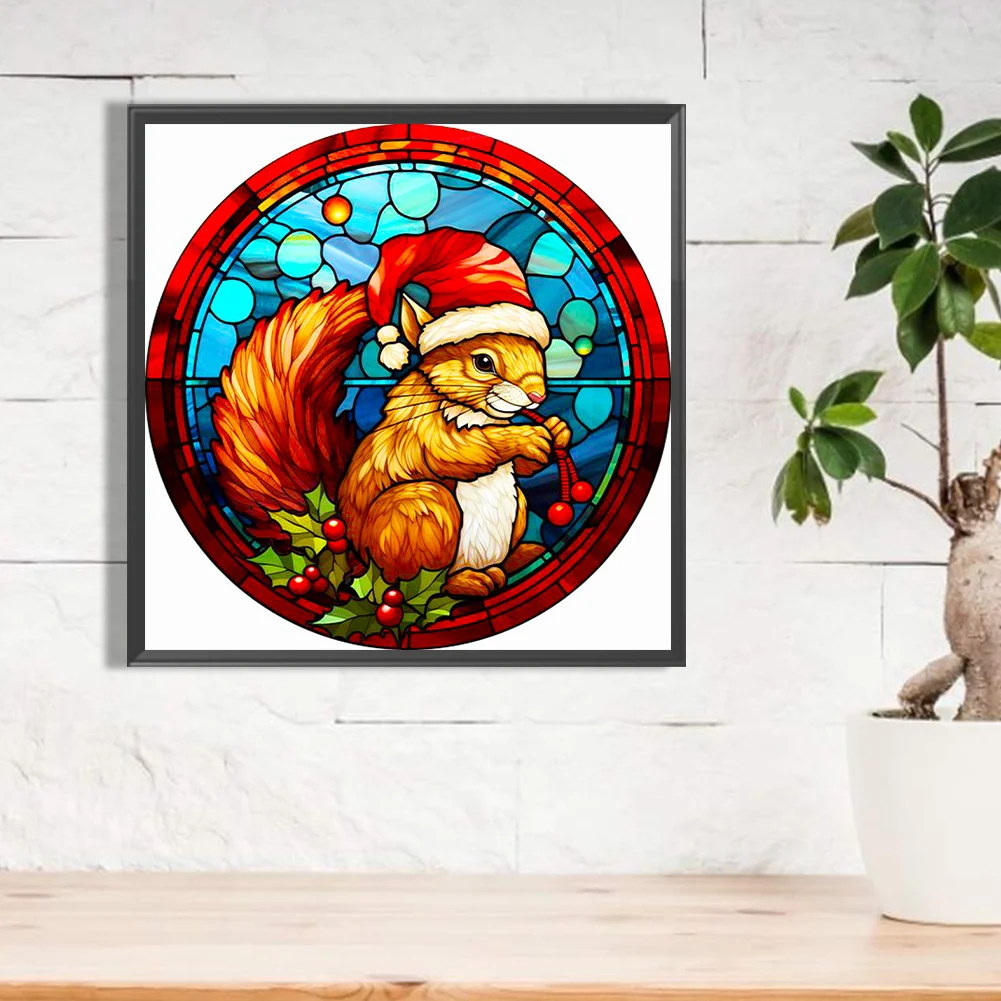 Diamond Painting - Full Round Drill - Stained Glass Xmas Squirrel(Canvas|40*40cm)