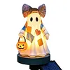 Resin Lighted Vintage Patchwork Ghost with Floral Bow and Pumpkin Lights LED Lighted Patchwork Ghost Decor Halloween Patchworks Ghosts Lamp for Mantel Shelf Entryway Porch
