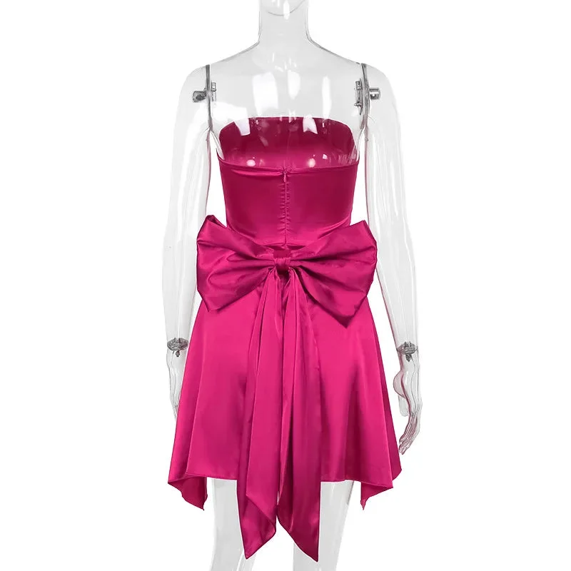 Toloer Strapless Large Back Bow Satin Mini Dress-Outfit Ideas