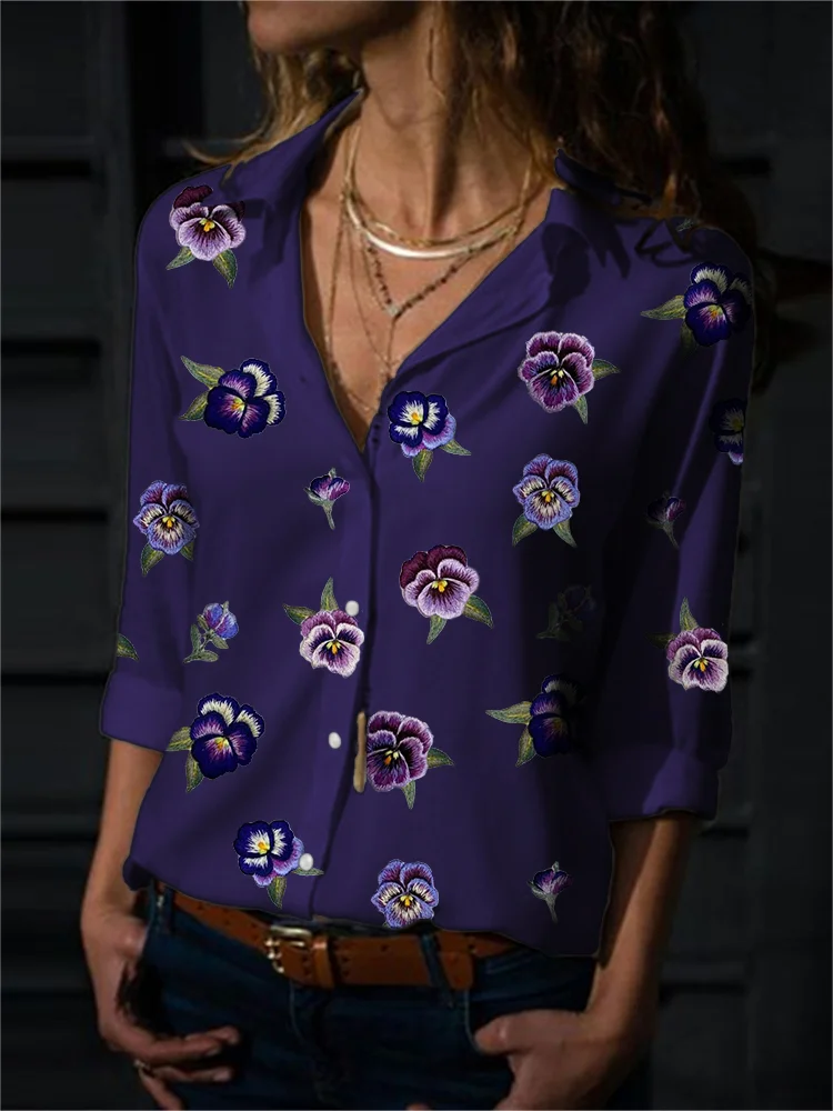 VChics Pansy Floral Embroidery Pattern Comfy Blouse