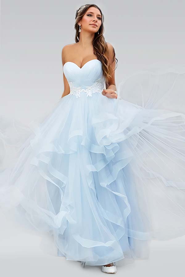 Baby Blue Long Tulle Prom Dress with Lace Appliques- ohprom