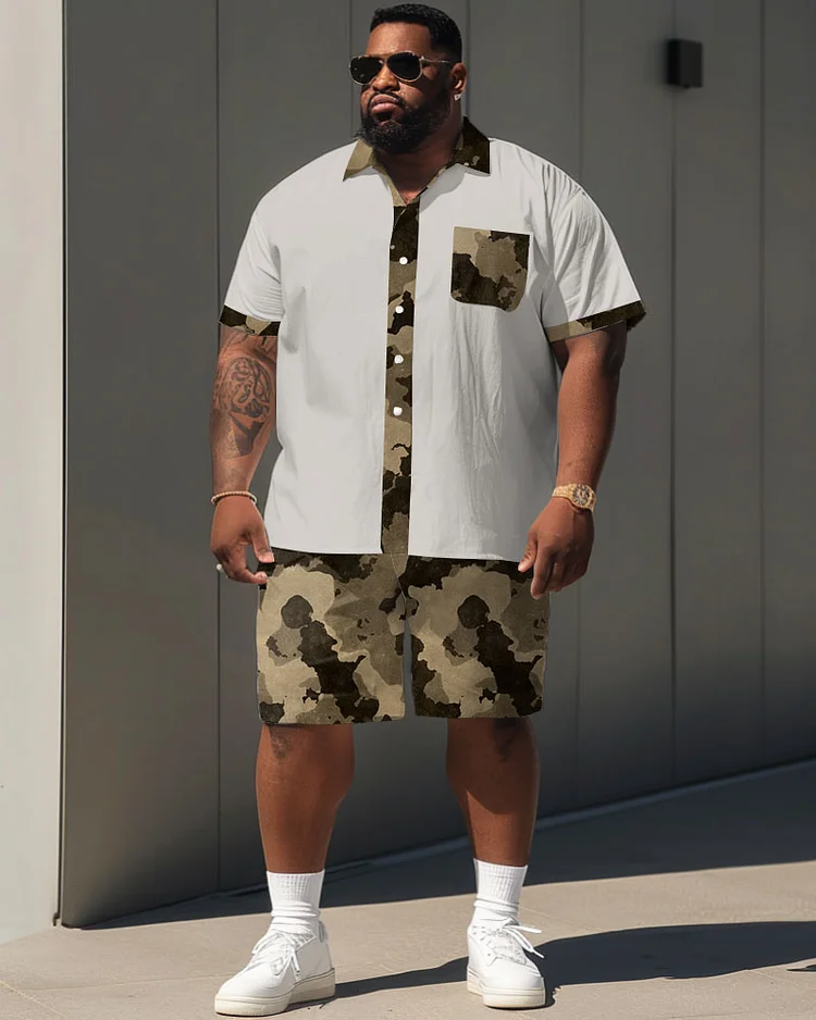 Men's Plus Size Simple Casual Camouflage Color Contrast Print Pocket Shirt Shorts Suit
