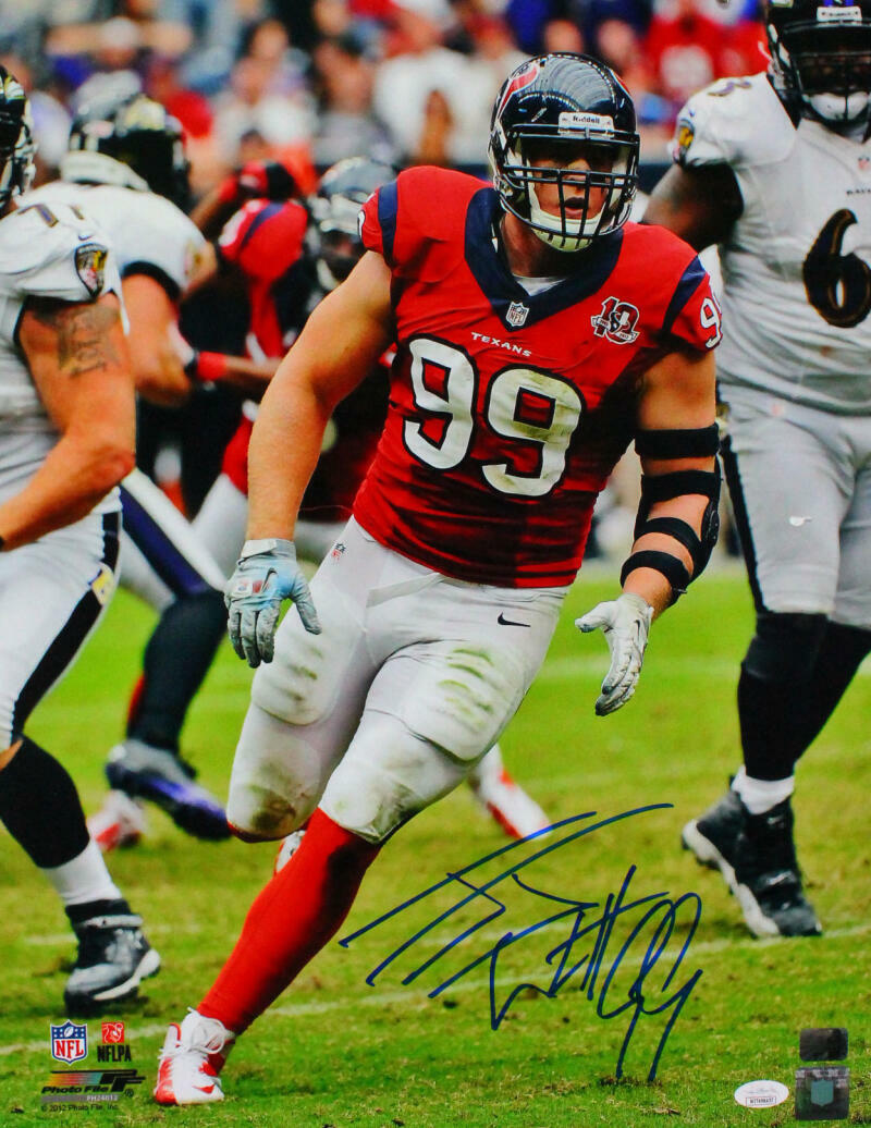 JJ Watt Autographed Houston Texans 16x20 Red Jersey Photo Poster painting- JSA W /Holo *Blue