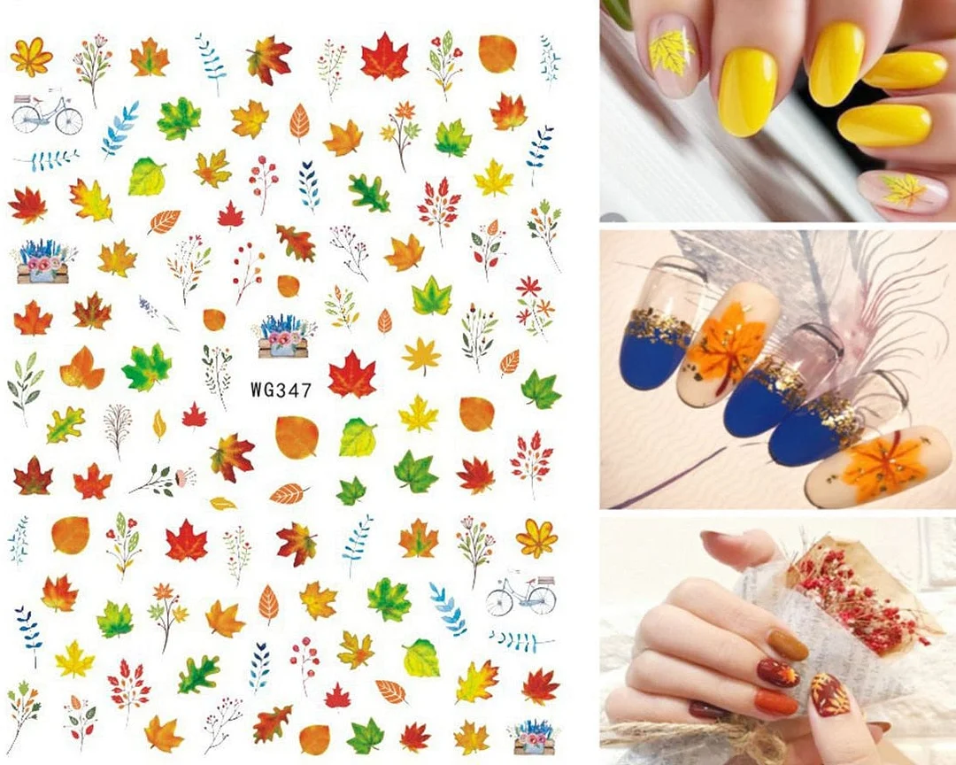 1pcs Fall Maple Leaves Nail Stickers 3D Yellow Gold Fall DIY Sliders Nail Art Decoration Autumn  Adhesive Manicure Nail Decals-Nail Inspo