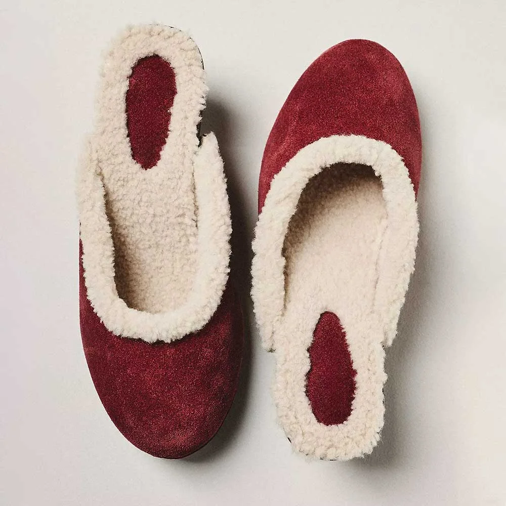Maroon Round Toe Mid Heel Studded Furry Platform Women's Mules Shoes
