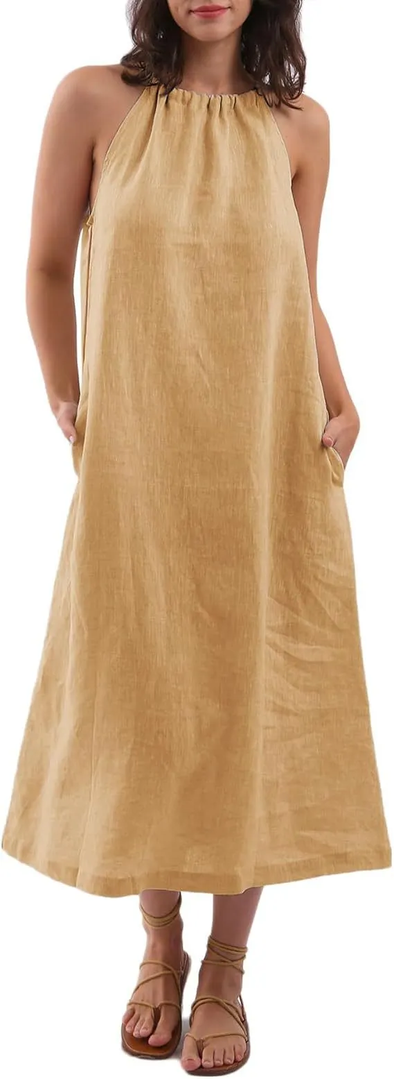 Women's Linen Blend Halter Neck Maxi Dress