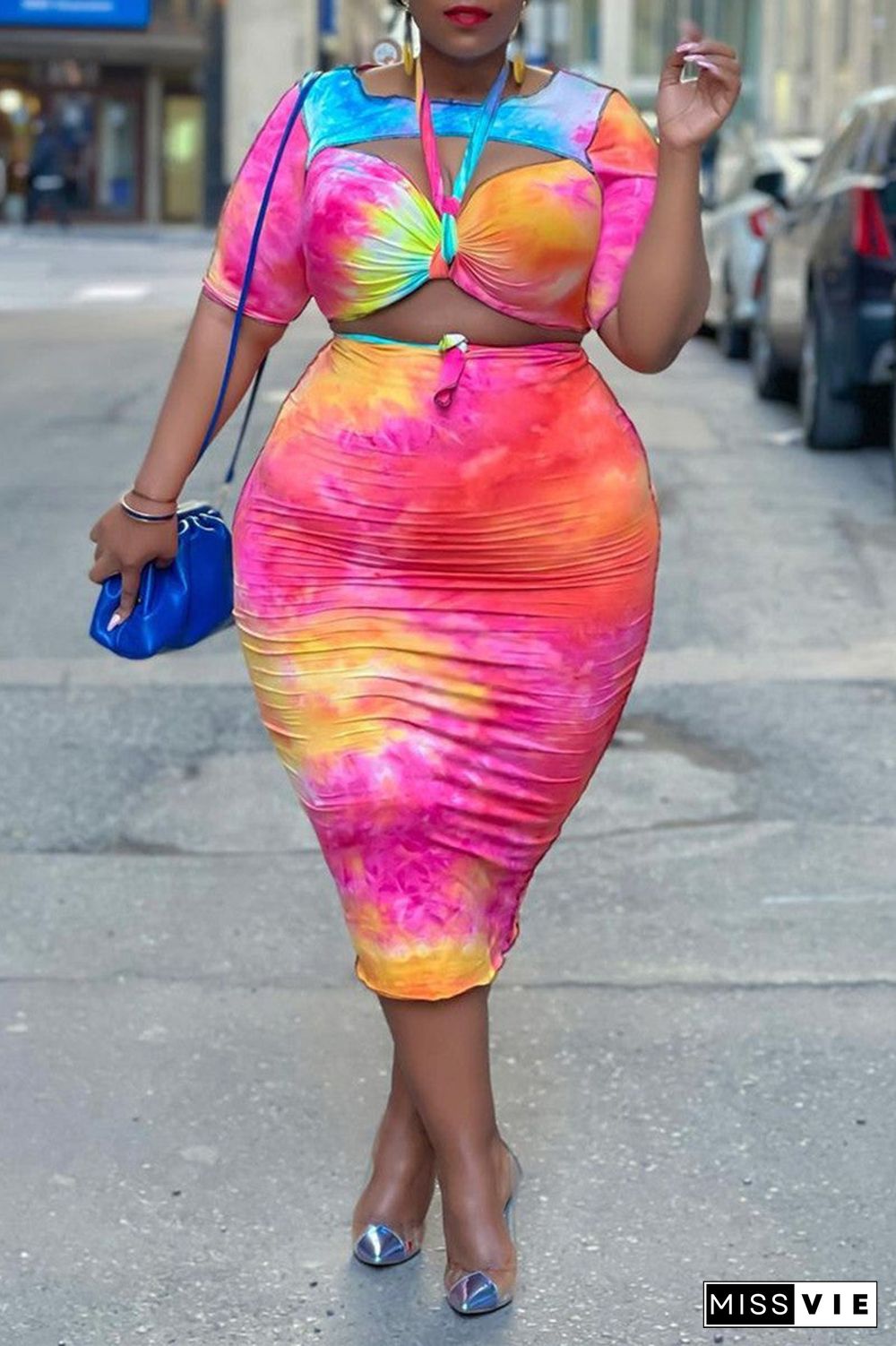 Fashion Sexy Print Hollowed Out O Neck Plus Size Two Pieces
