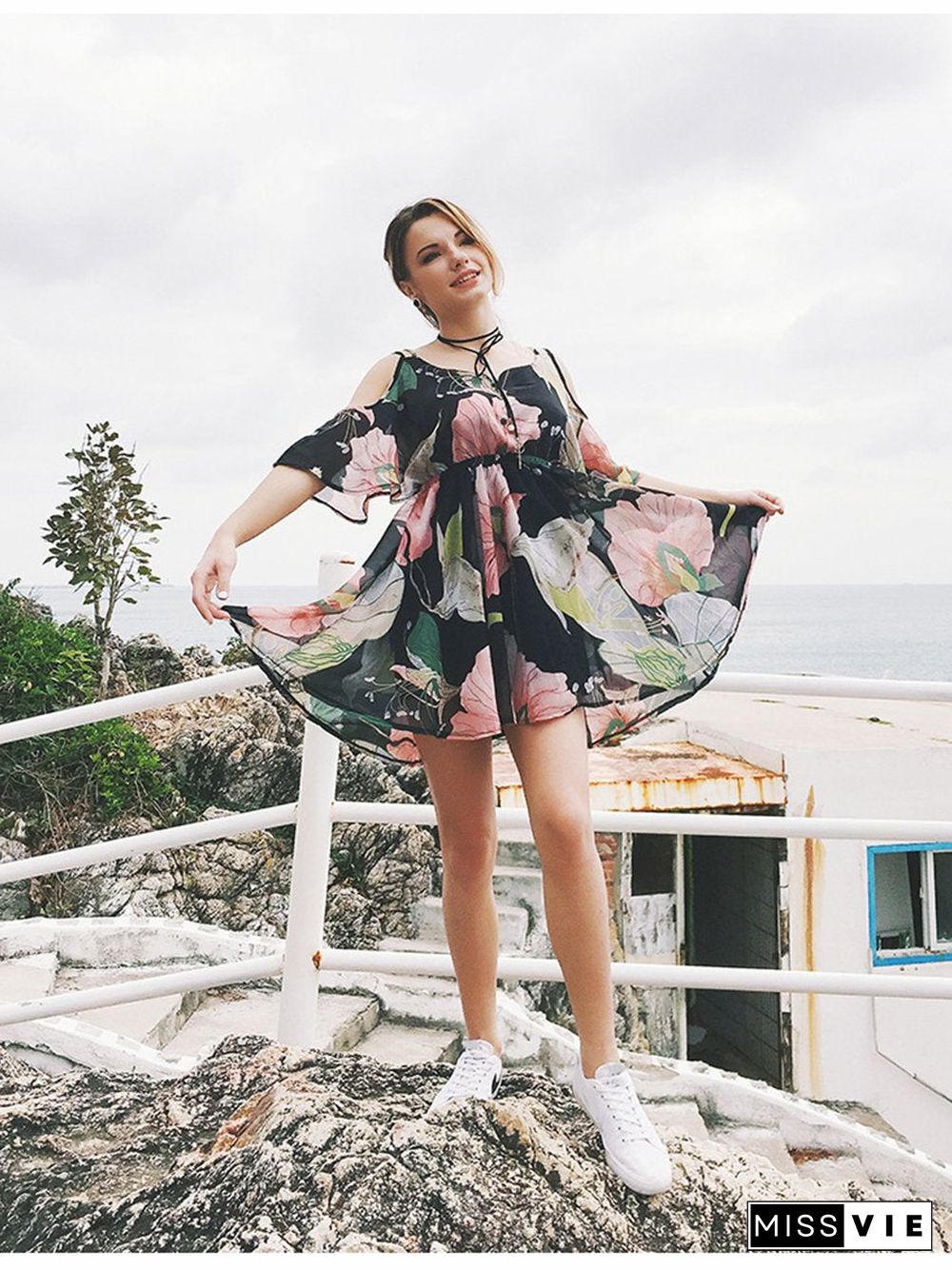 Lace Floral Printed Short Sleeve Mini Dress