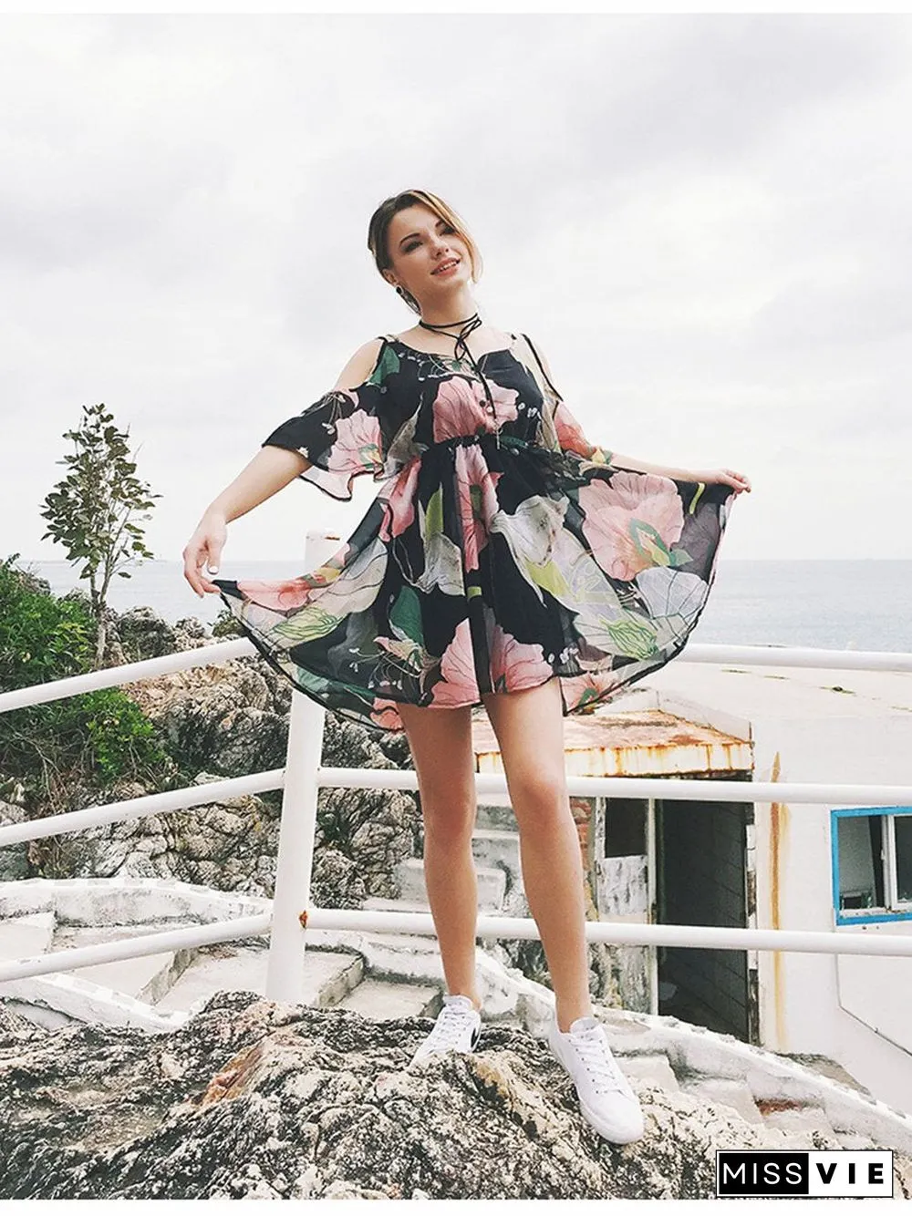 Lace Floral Printed Short Sleeve Mini Dress