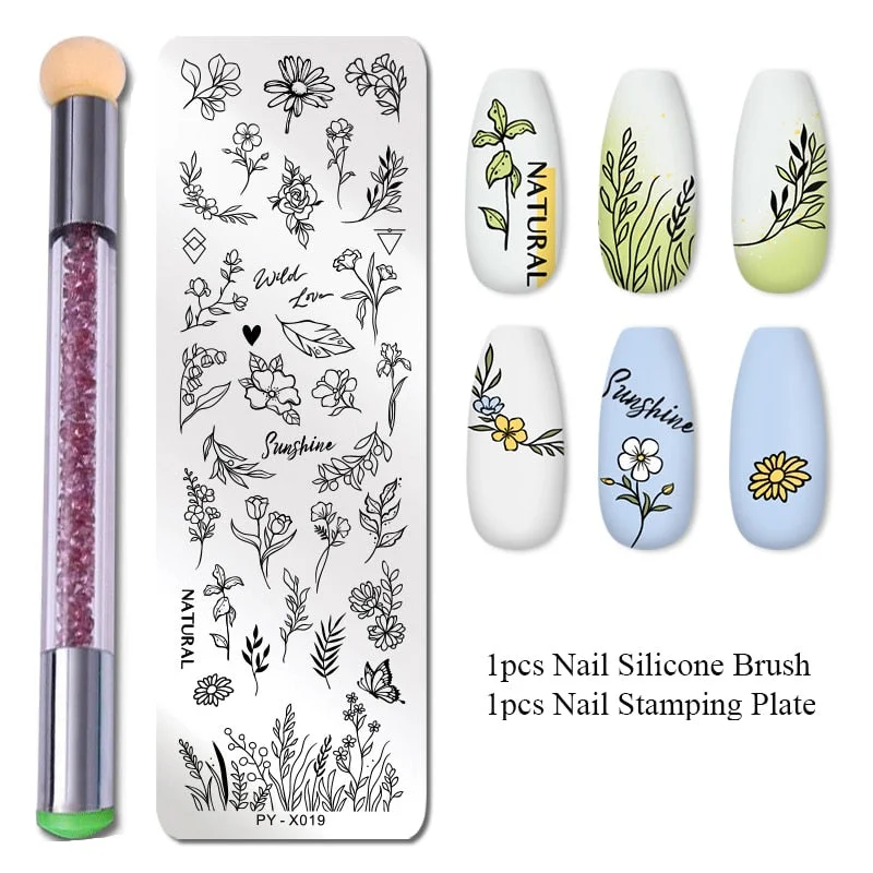 2Pcs/set Nail Stamping Plates Set Silicone Sponge Brush Polish Transfer Stencils Flower Geometry DIY Template for Nail Tools-Nail Inspo