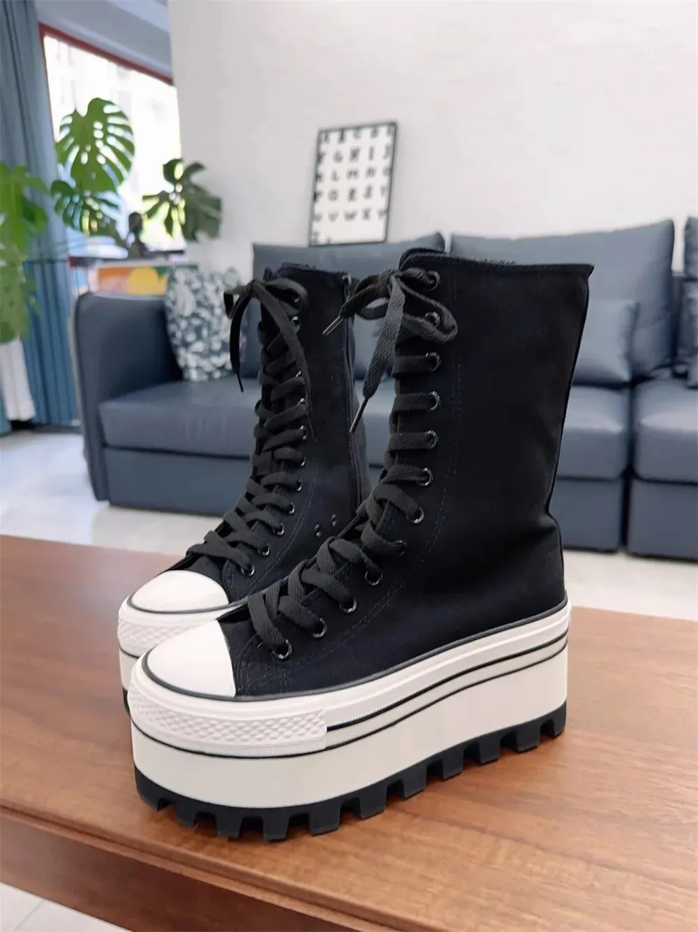 VCshoes Women Wasteland Punk Short Boots Woman High Wedges Heels Pumps Lady Dress Party Shoes Round Toe Black Canvas Shoes 32-47