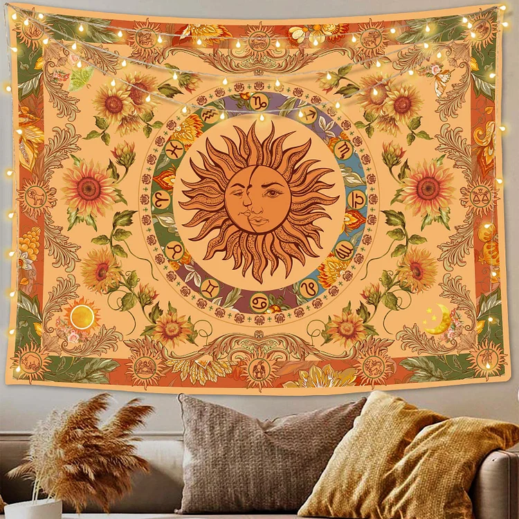 Olivenorma Yellow Orange Sun And Moon Sunflower Tapestry