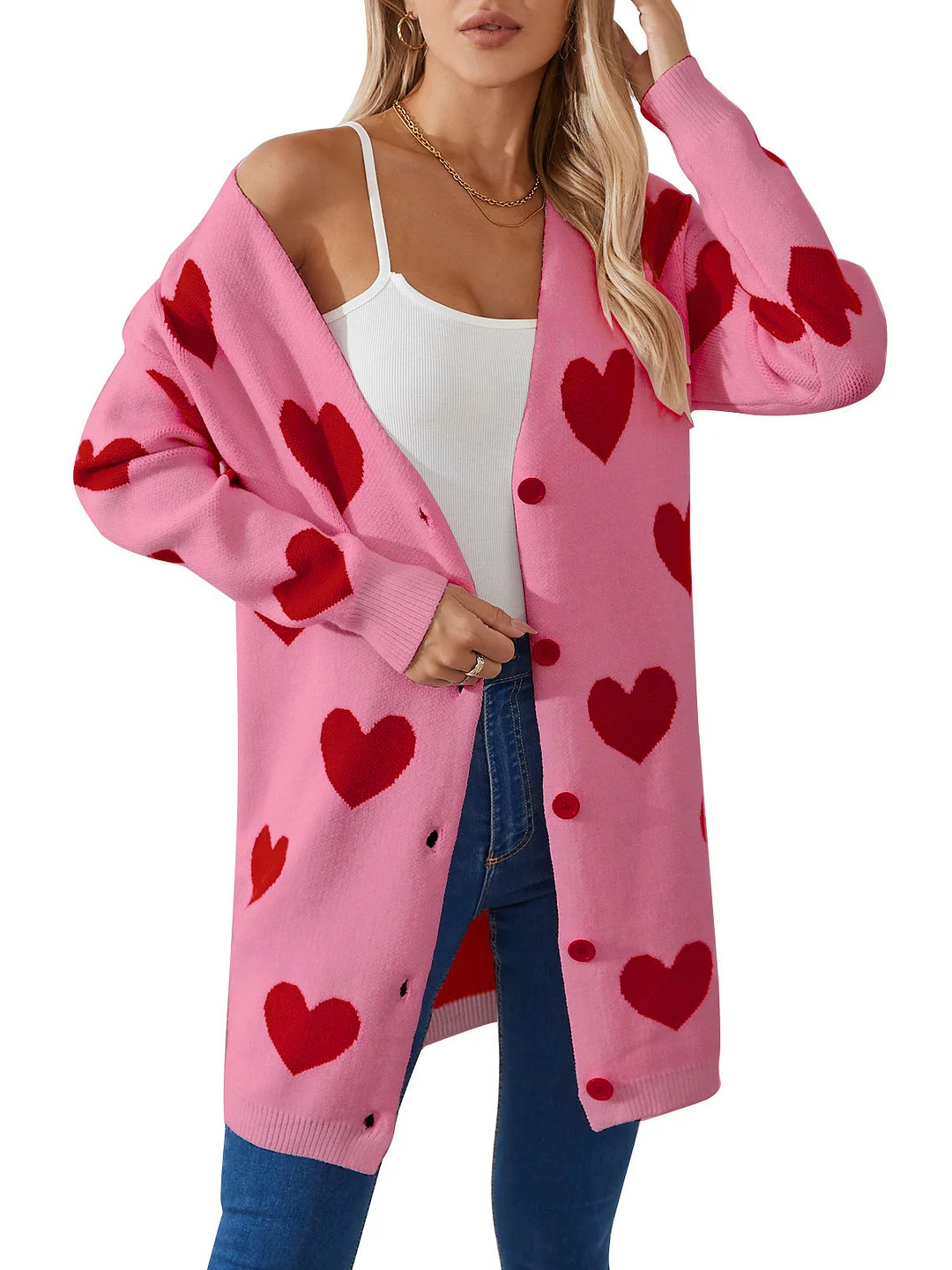 Athvotar Athvotar New Valentine's Day Love Knitted Cardigan V-Neck Button Long Coat Sweater Woman