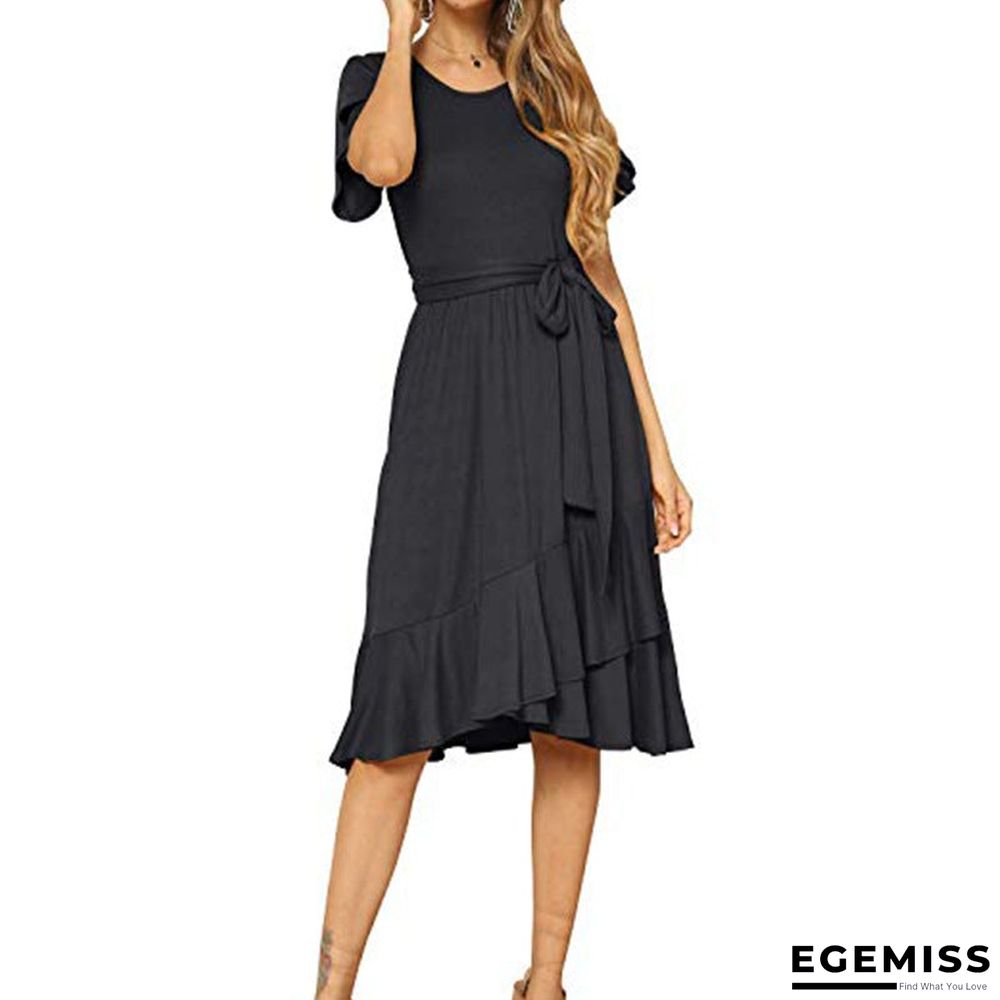 Belt Slim Round Neck Short Sleeve Long Skirt | EGEMISS