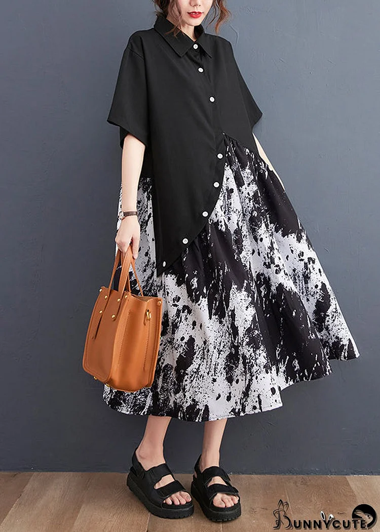 Elegant Black Peter Pan Collar Button Asymmetrical Print Shirt Dress Short Sleeve