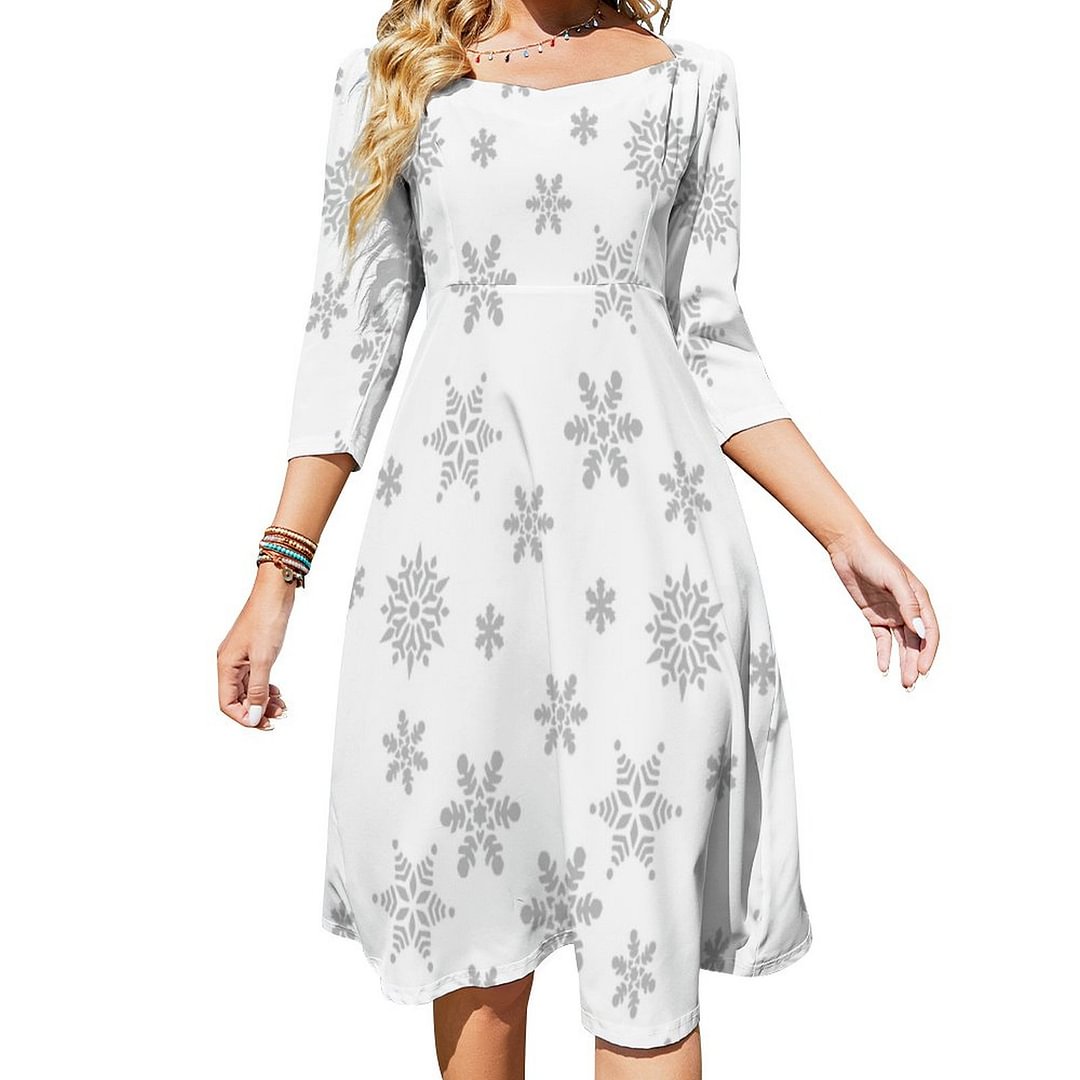 White And Silver Snowflakes Dress Sweetheart Tie Back Flared 3/4 Sleeve Midi Dresses