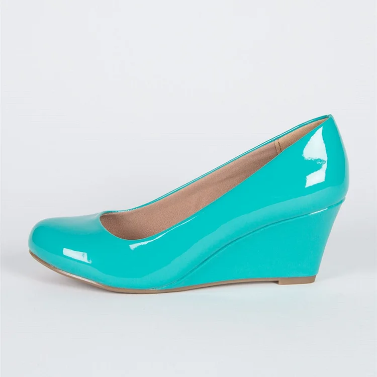 Turquoise Closed Toe Wedges Round Toe Patent Leather Pumps |FSJ Shoes