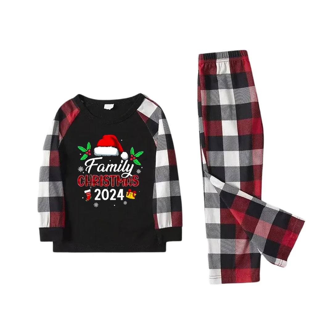 "Family Christmas 2024" with Santa Hat Pattern Ⅰ- Red&Black&White Plaid  Matching Pajamas