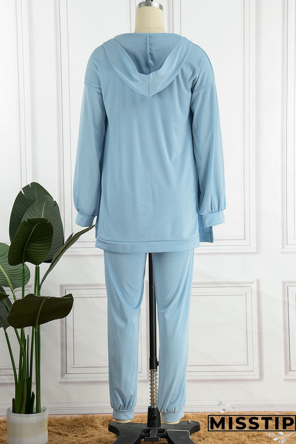 Blue Casual Solid Basic U Neck Long Sleeve Two Pieces