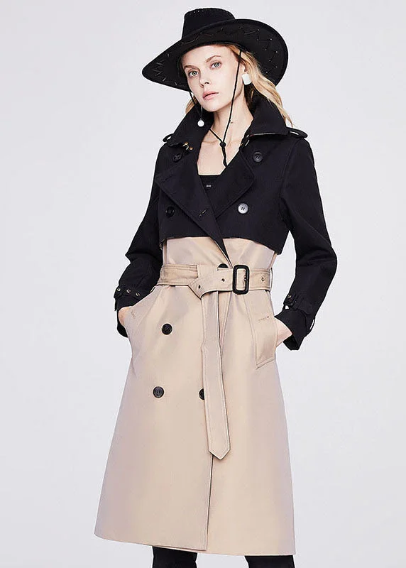 Stylish Khaki Black Peter Pan Collar Patchwork Double Breast Cotton Cinch Trench Coats