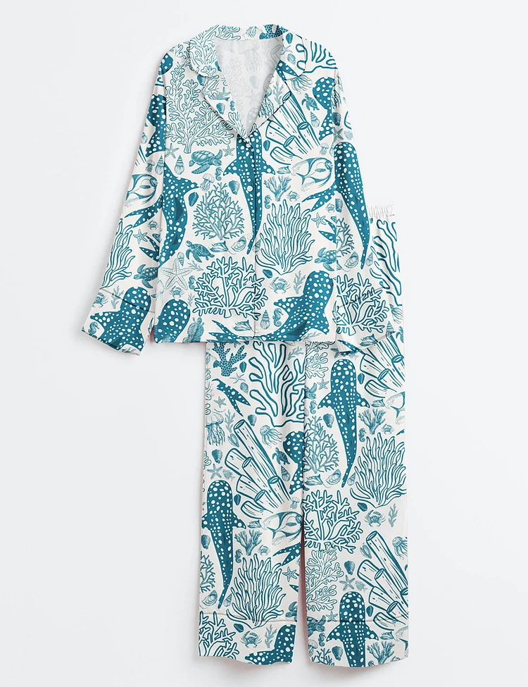 Women&rsquo;s Whale Shark Coral Reef Ocean Coastal Marine Summer Beach Vibes Print Long Sleeve Satin Pajama Set