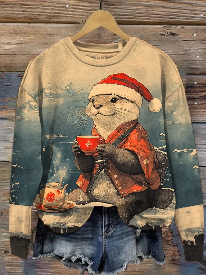 Women's Christmas Otter Drinking Hot Drink By The River Art Print Sweatshirt